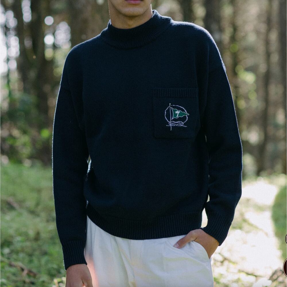 Tombolo Mariner Navy Mock Neck Flag Embroidery Pocket Pullover Sweater S Cotton